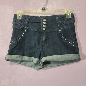 Pasión High Waisted Denim Shorts Rhinestone Button Fly‎ Cuffed Dark Wash 13